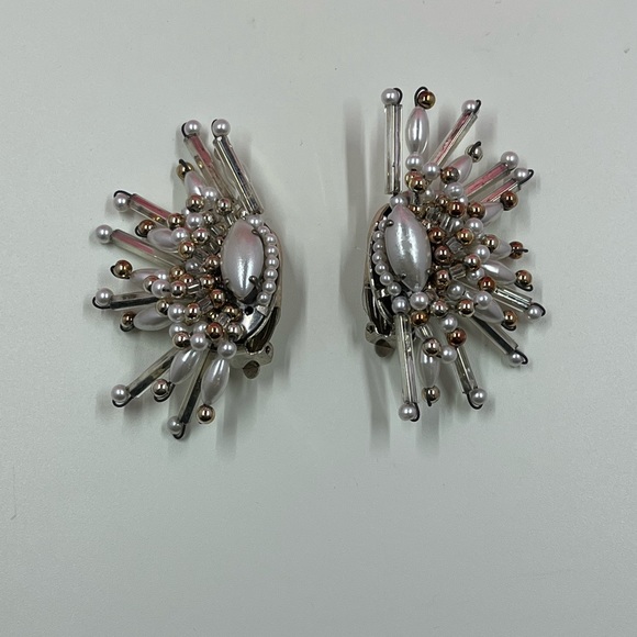 Vintage Designer Beaded Sunburst Clip On Earrings - Picture 7 of 7